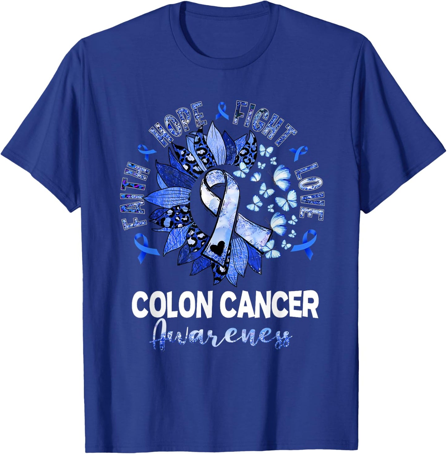 Sunflower Pink Ribbon Flower Leopard Colon Cancer Awareness T-Shirt - T-Shirt | Royal