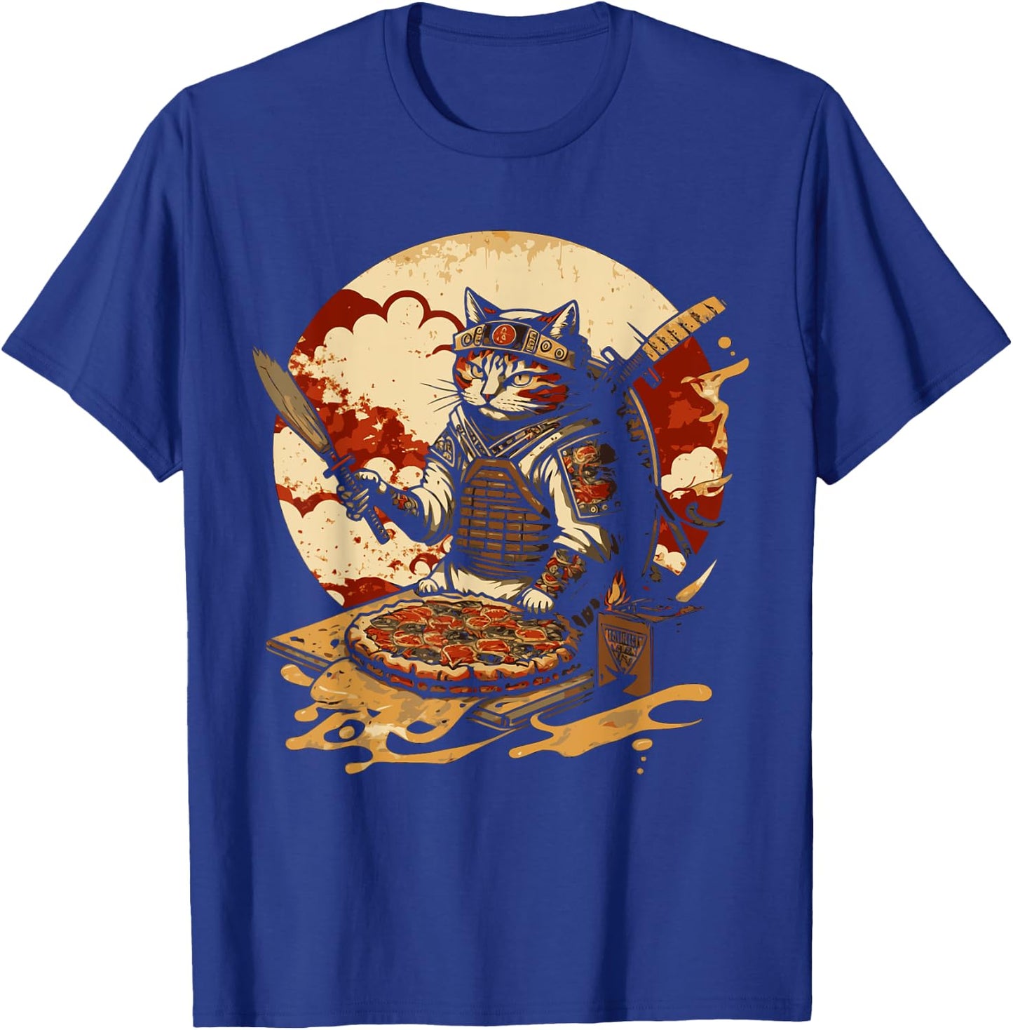 Japanese Sunset Samurai Cat Eat Pizza Anime Ninja Kitten Women T-Shirt - T-Shirt | Royal