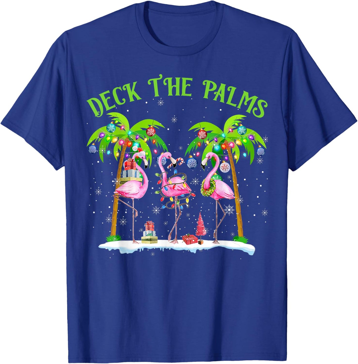 Deck The Palms Flamingo Tropical Christmas Lights Palm Tree T-Shirt - T-Shirt | Royal