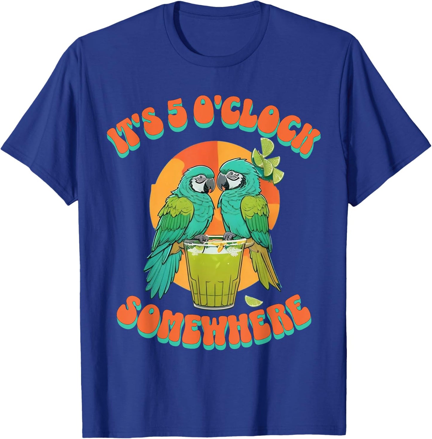 Vintage It's 5 O'clock Somewhere Parrots Drinking Cocktail T-Shirt - T-Shirt | Royal