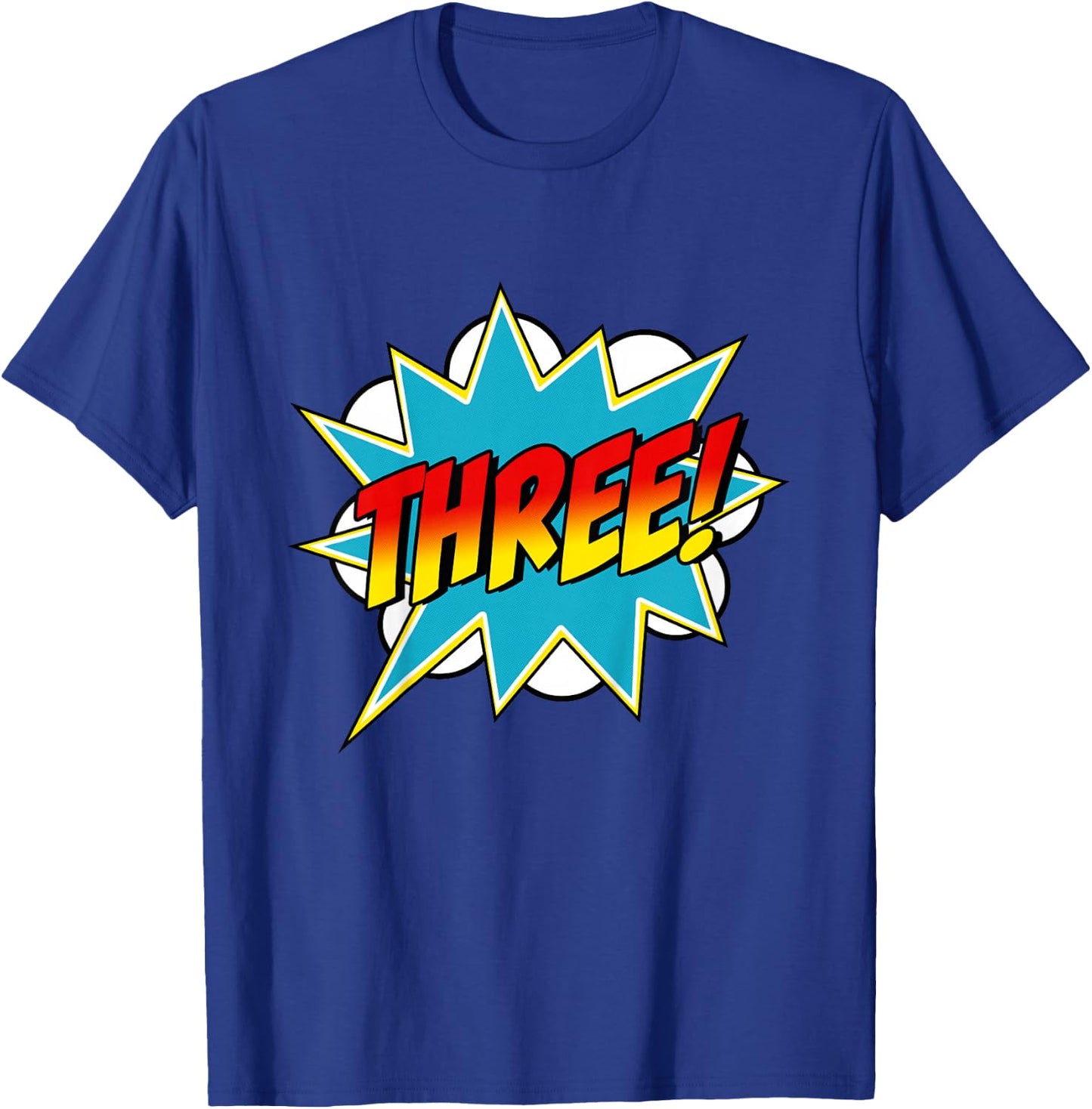 Three! 3rd Birthday Superhero Boys 3 Years Old Comic Book T-Shirt - T-Shirt | Royal