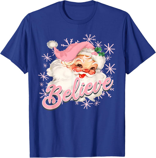 Vintage Pink Santa Claus Believe Christmas Holiday Kids T-Shirt - T-Shirt | Royal