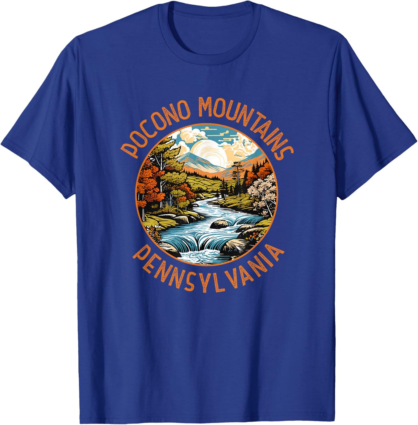Pocono Mountains Pennsylvania Sunset Retro Distressed Circle T-Shirt - T-Shirt | Royal