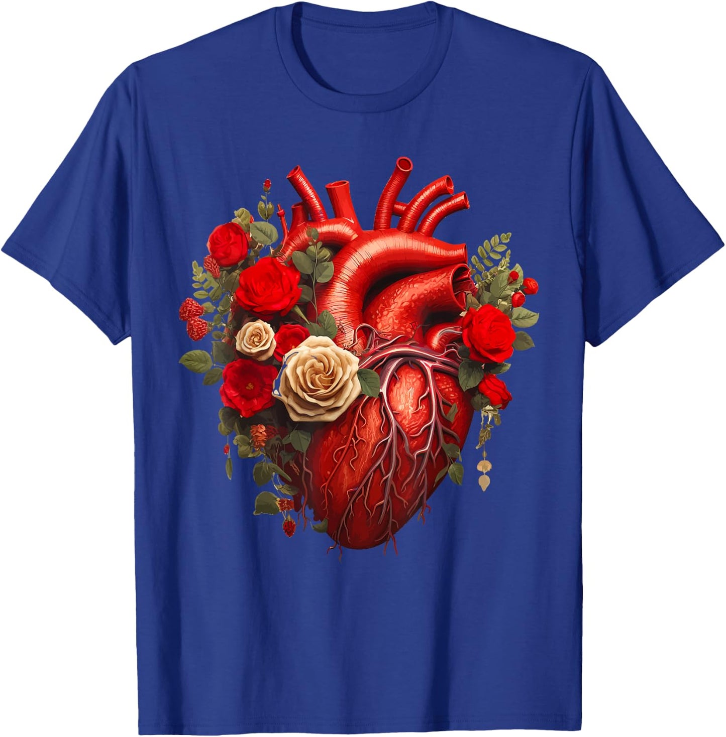 Cardiology Medical Cardiac Nurse Floral Anatomical Heart T-Shirt - T-Shirt | Royal
