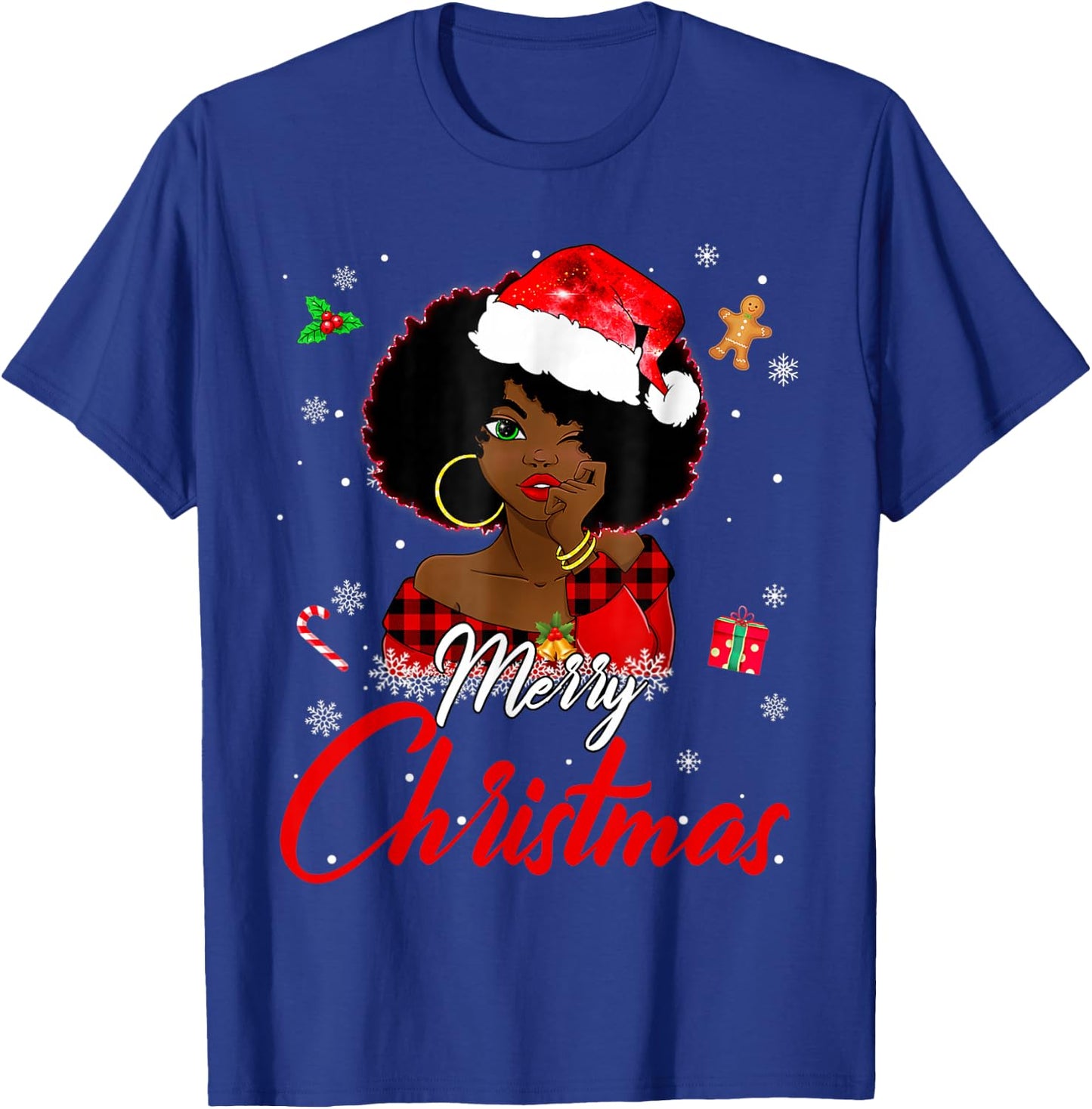 Black African Girl American Melanin Christmas Santa Hat Xmas T-Shirt - T-Shirt | Royal