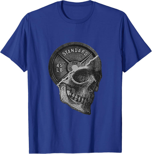 Skull & 45 lbs Plate Weight Lifting Graphic Gym Working Out T-Shirt - T-Shirt | Royal