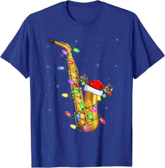 Saxophone Music Lover Xmas Lights Santa Saxophone Christmas T-Shirt - T-Shirt | Royal