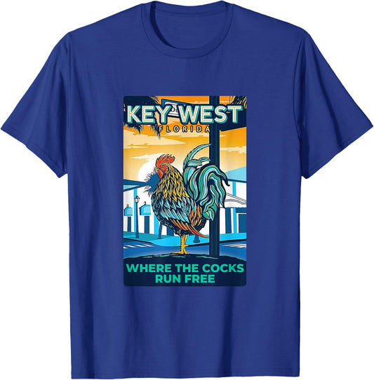 Key West Florida Rooster Funny Where The Chicken Run Free T-Shirt - T-Shirt | Royal