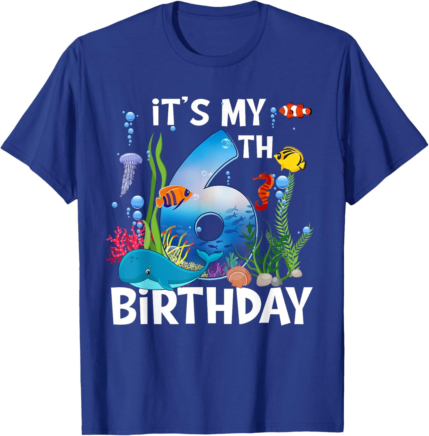 Kids 6 Year Old Ocean Life Whale Dolphin Shark 6th Birthday T-Shirt - T-Shirt | Royal