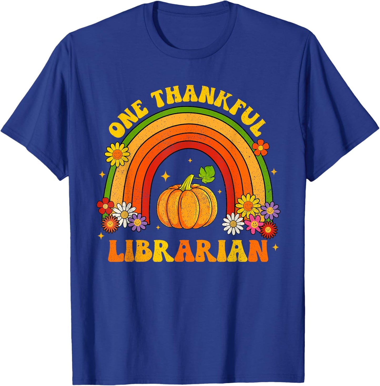 Retro One Thankful Librarian Groovy Rainbow Thanksgiving T-Shirt - T-Shirt | Royal