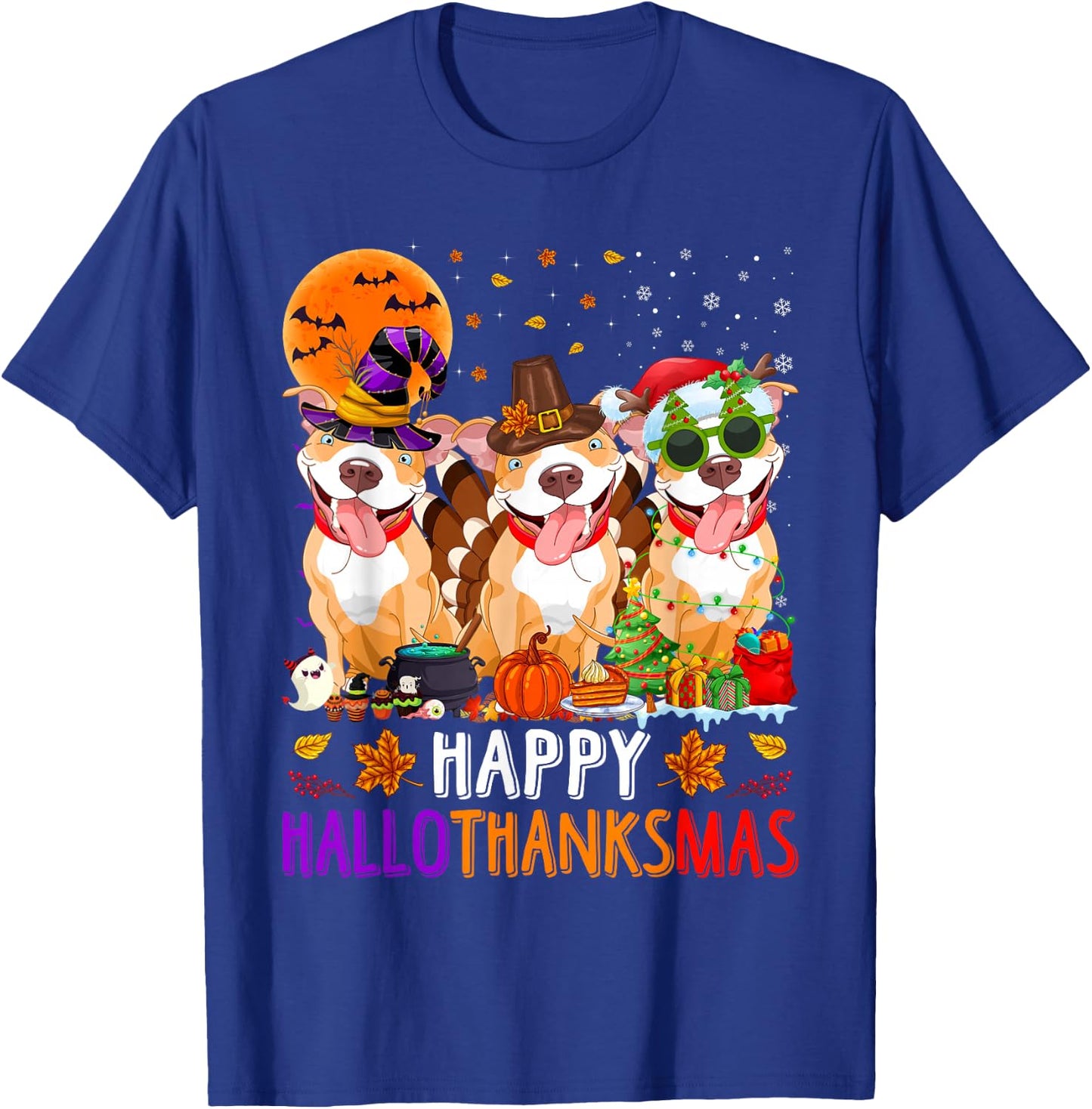 Happy Hallothanksmas Pitbull Dog Halloween Christmas T-Shirt - T-Shirt | Royal