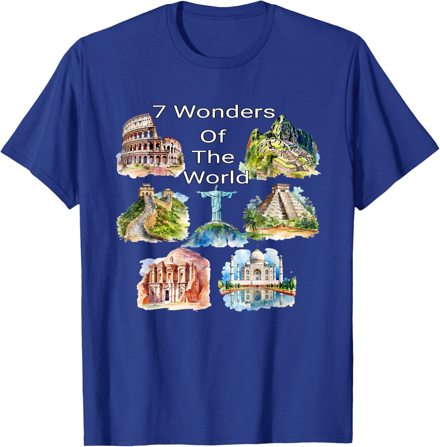 7 Wonders of the World - Travel Enthusiast Design T-Shirt - T-Shirt | Royal