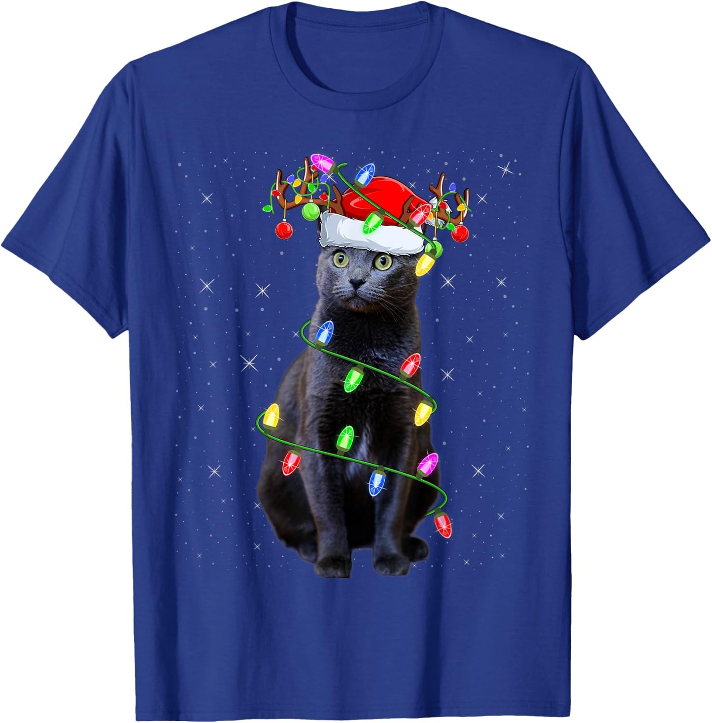 Cat Lover Xmas Lighting Santa Russian Blue Cat Christmas Women Kids T-Shirt - T-Shirt | Royal