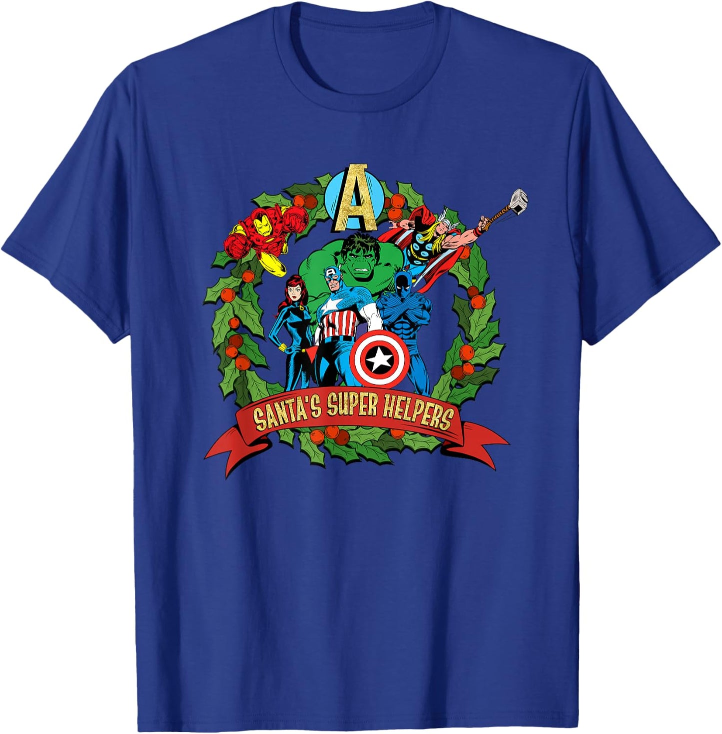 Marvel Avengers Santa’s Super Helpers Wreath Retro Holiday T-Shirt - T-Shirt | Royal