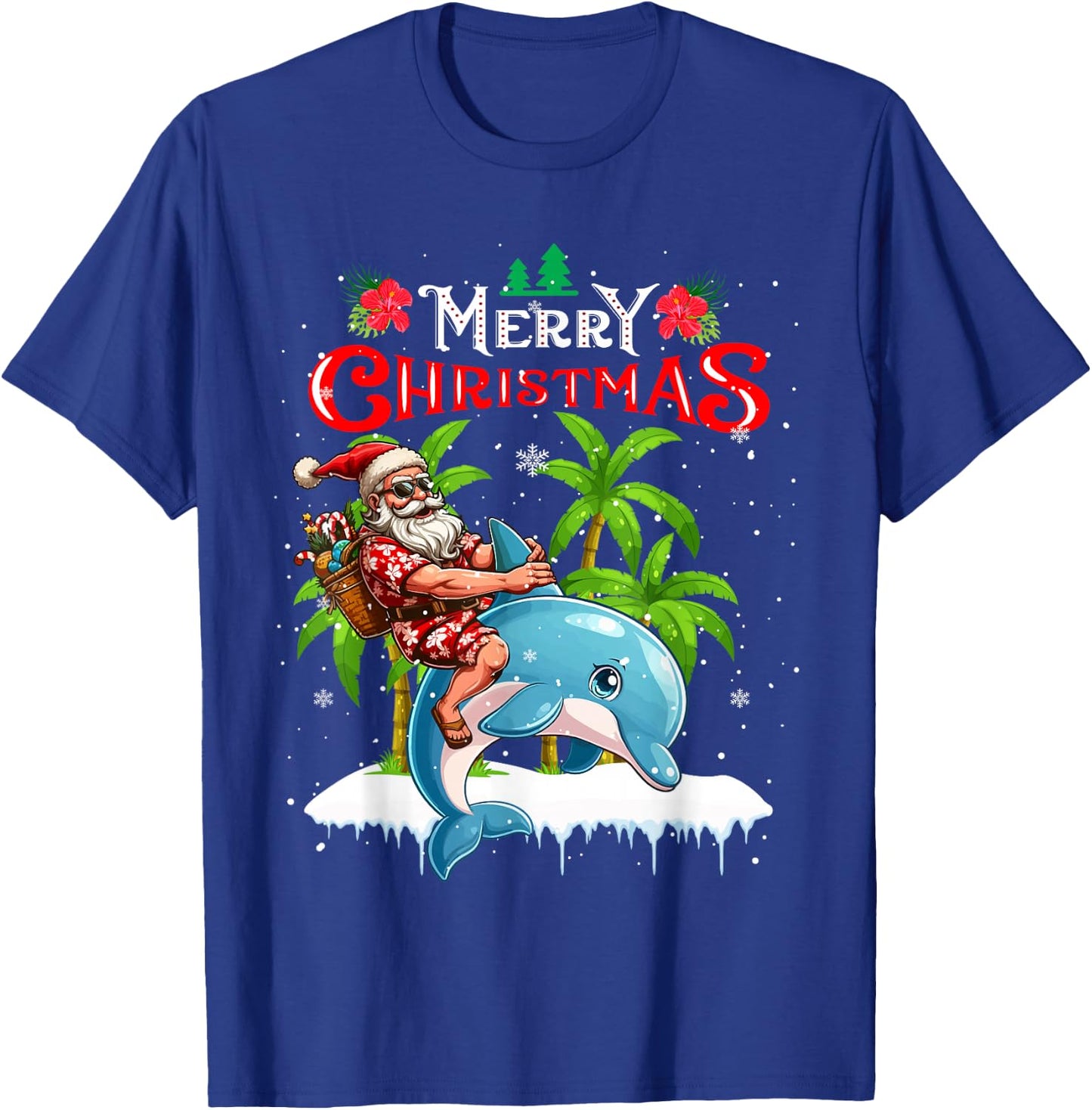 Merry Christmas Hawaiian Santa Sunglasses Riding Dolphin T-Shirt - T-Shirt | Royal