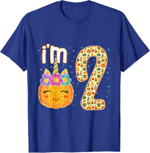Kids Kids Im 2 Years Old Unicorn Pumpkin Halloween 2nd Birthday T-Shirt - T-Shirt | Royal