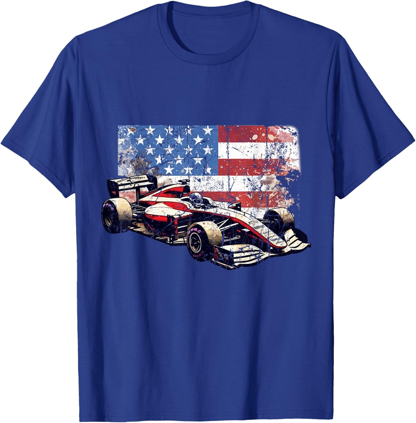 Vintage Auto Racing Car American Flag 4th of July, Auto Race T-Shirt - T-Shirt | Royal