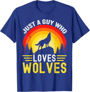 Just a Guy Who Loves wolves Great Retro Vintage Wolf T-Shirt - T-Shirt | Royal