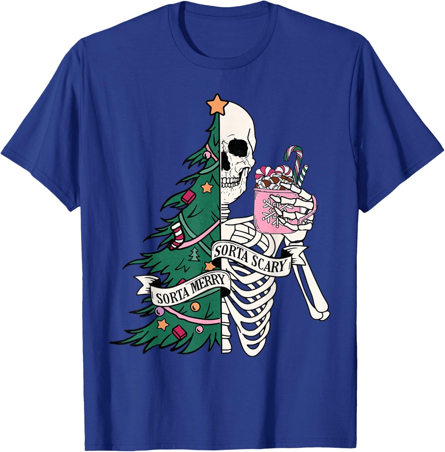 Funny Christmas Sorta Merry Sorta Scary Skeleton Xmas Tree T-Shirt - T-Shirt | Royal
