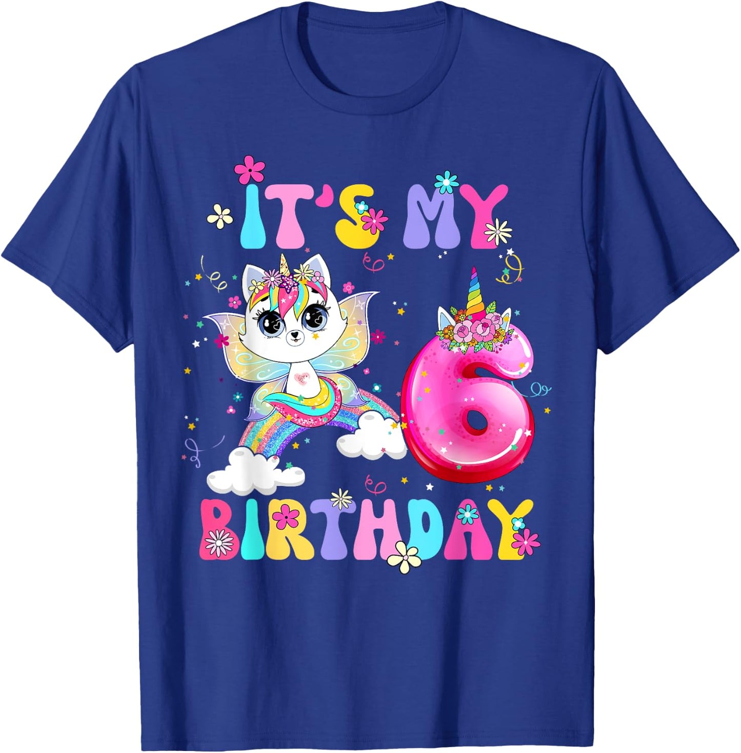 Kids 6th Birthday Cat Unicorn 6 Years Old Rainbow Girl Teens T-Shirt - T-Shirt | Royal