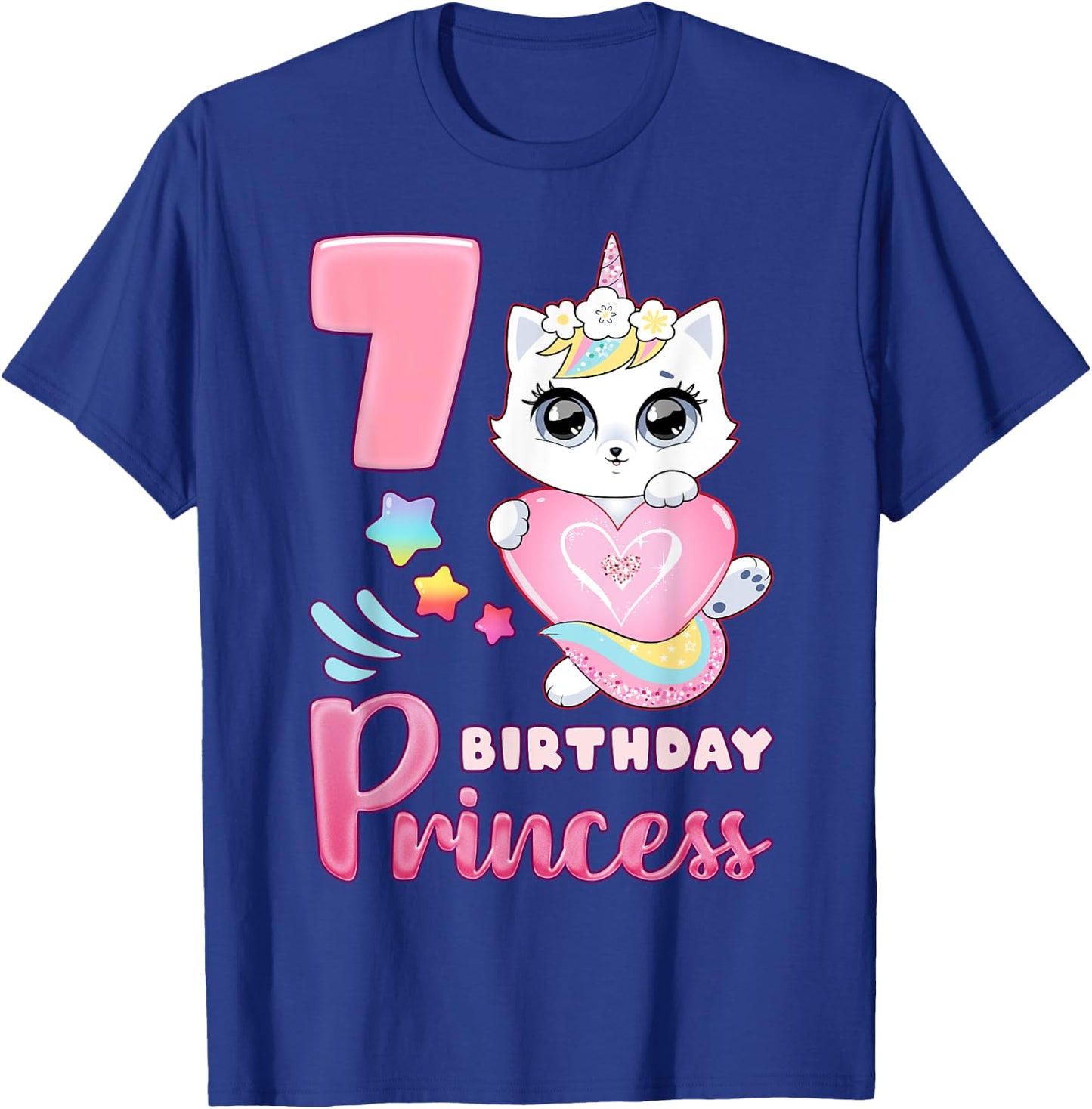 Girl, 7th birthday, unicorn cat, number 7 T-Shirt - T-Shirt | Royal