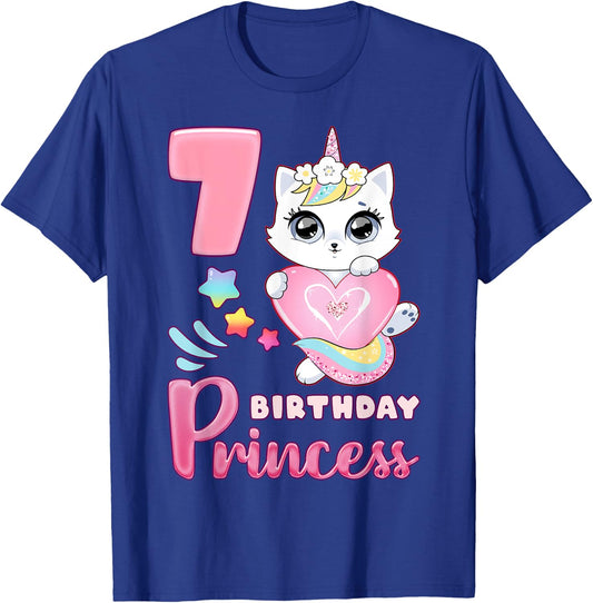 Girl, 7th birthday, unicorn cat, number 7 T-Shirt - T-Shirt | Royal
