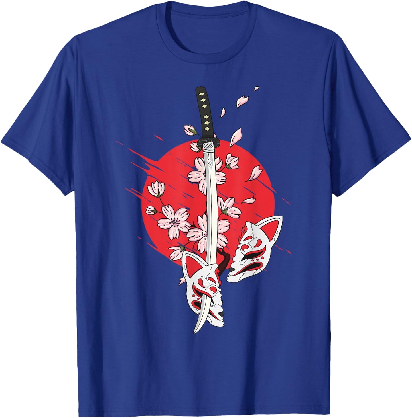 Kitsune Mask Nine-Tailed Cherry Blossom Flowers Katana T-Shirt - T-Shirt | Royal