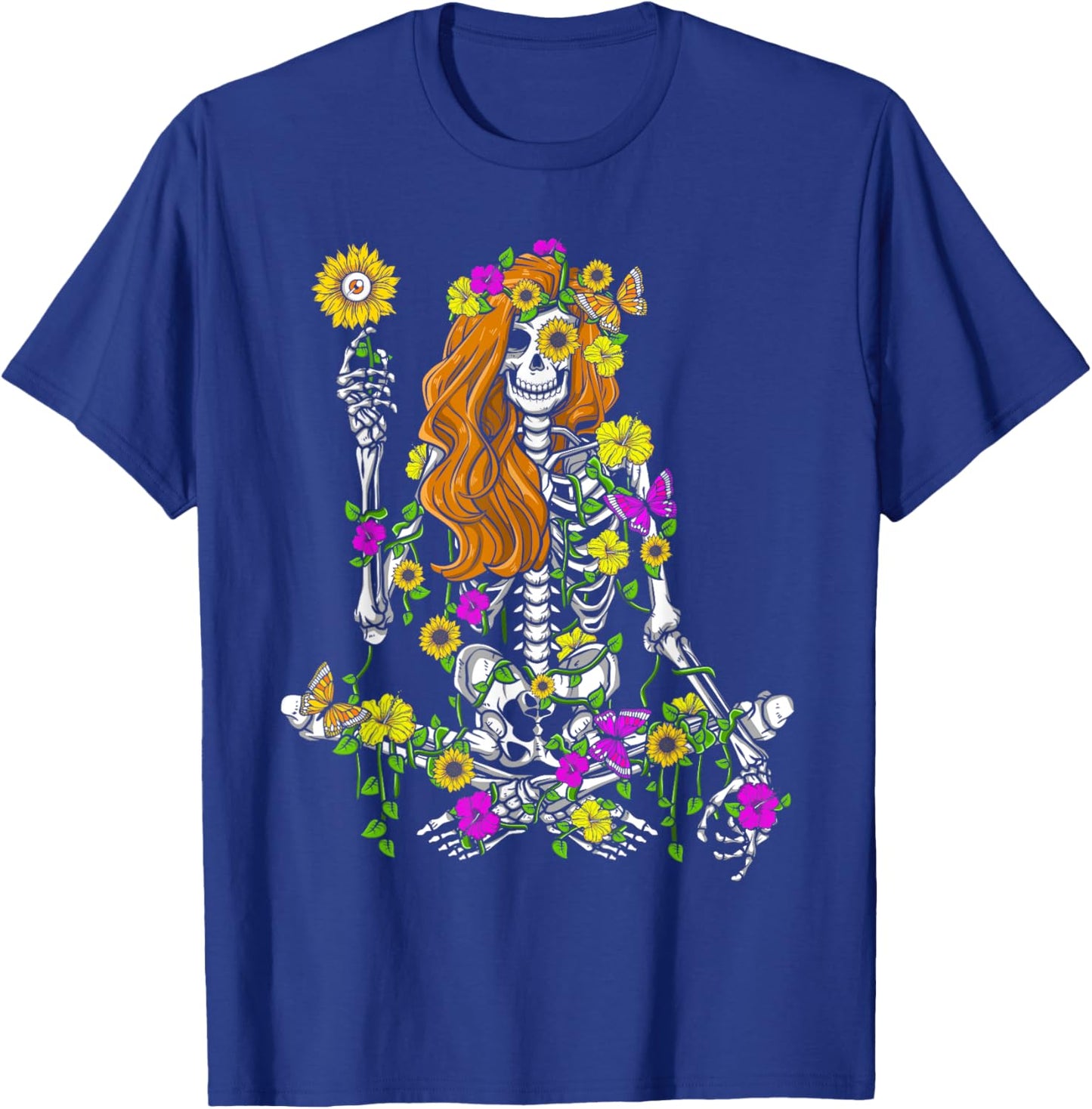 Skeleton Hippie Flowers Sunflower Lover Women Halloween T-Shirt - T-Shirt | Royal