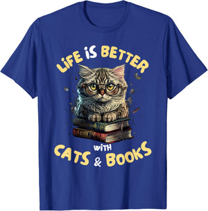 Life is Better with Cats and Books Librarians Bibliophiles T-Shirt - T-Shirt | Royal