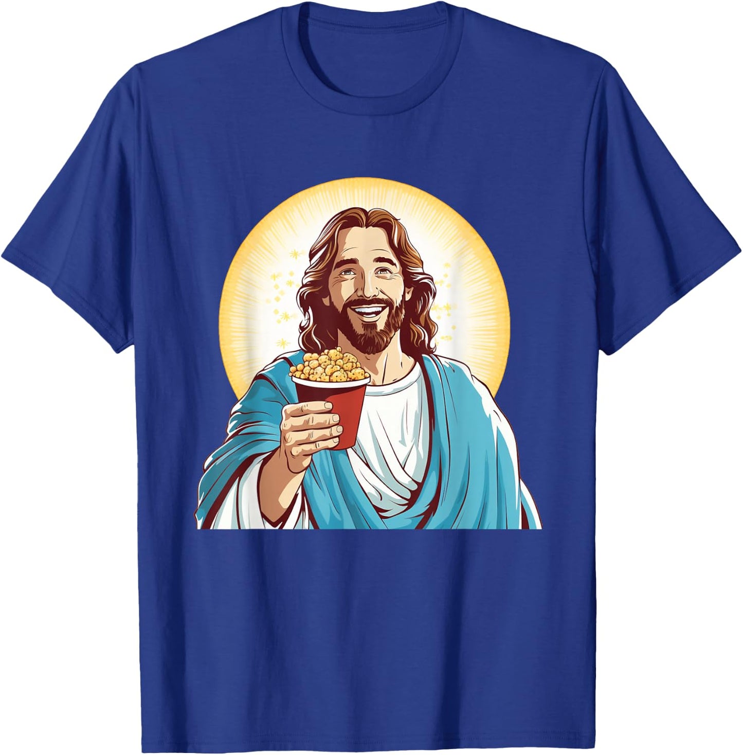 Funny Movie Night with Jesus and Popcorn Box Costume T-Shirt - T-Shirt | Royal