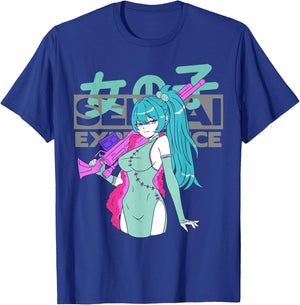 Sexy Waifu Anime Girl with Sniper Rifle and Blue Hair Senpai T-Shirt - T-Shirt | Royal