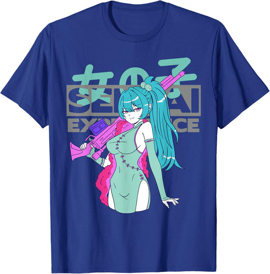 Sexy Waifu Anime Girl with Sniper Rifle and Blue Hair Senpai T-Shirt - T-Shirt | Royal