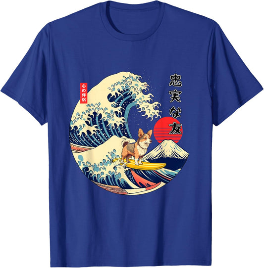 Tri Color Corgi Japanese Kanagawa Wave Surf Loyal Dog T-Shirt - T-Shirt | Royal