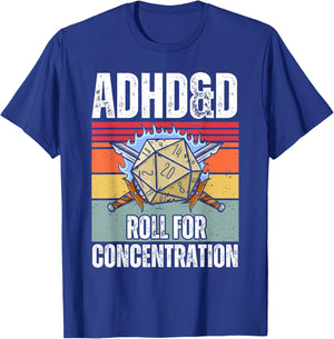 Retro Vintage ADHD&D Roll For Concentration Funny Gamer T-Shirt - T-Shirt | Royal