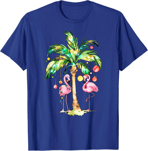 Pink Flamingo Christmas Palm Tree Tropical Xmas Holiday T-Shirt - T-Shirt | Royal