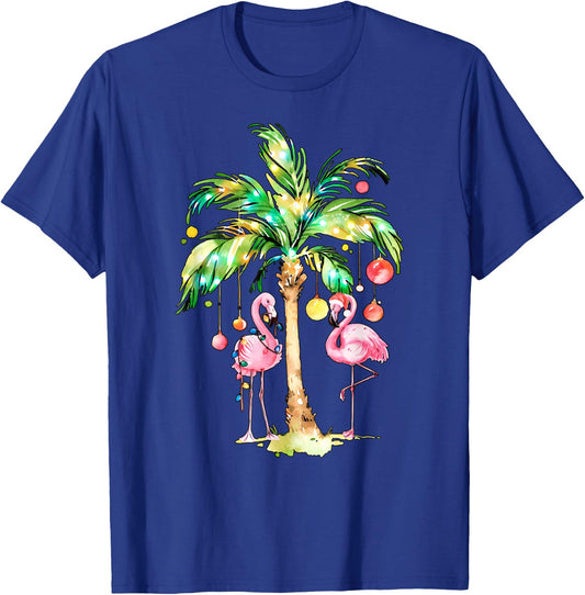 Pink Flamingo Christmas Palm Tree Tropical Xmas Holiday T-Shirt - T-Shirt | Royal