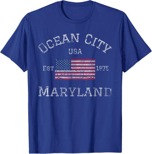 Ocean City Maryland American Flag USA Established MD Vintage T-Shirt - T-Shirt | Royal