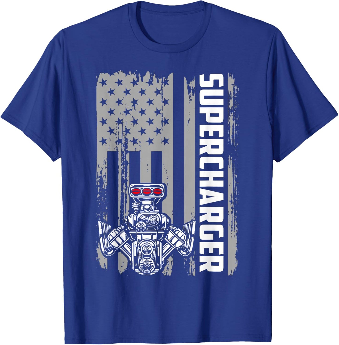 Supercharger Engine American Flag Muscle Car Racing Car Guy T-Shirt - T-Shirt | Royal