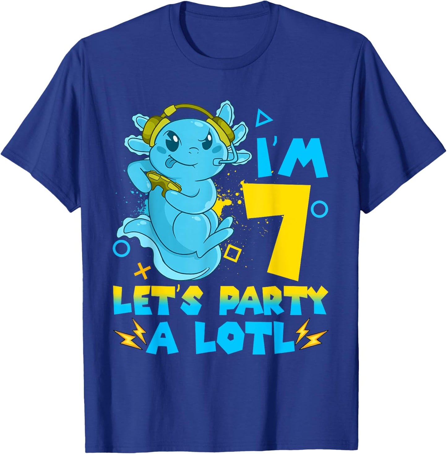 7th Birthday cute Axolotl 7 Year Old Boys Girls Video Gamer T-Shirt - T-Shirt | Royal