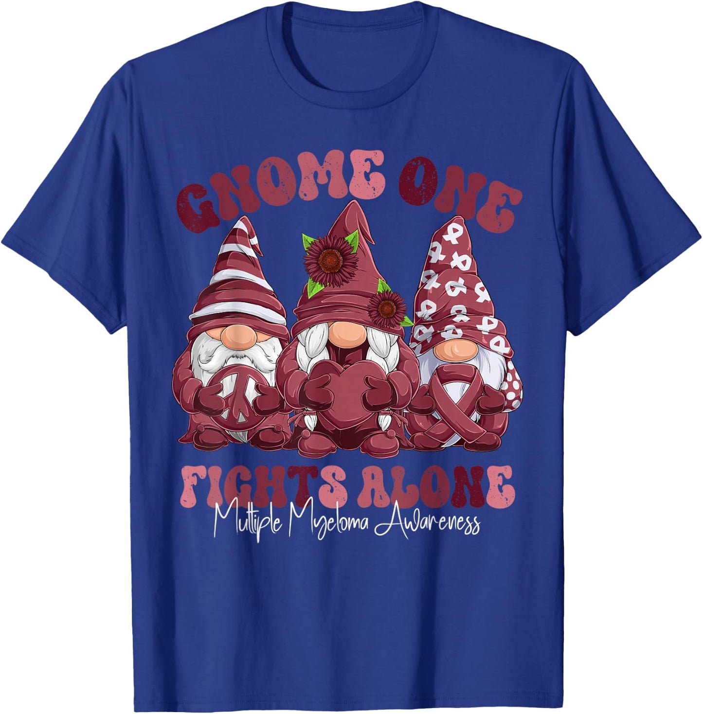 Multiple Myeloma Awareness Month Burgundy Ribbon Gnomies T-Shirt - T-Shirt | Royal