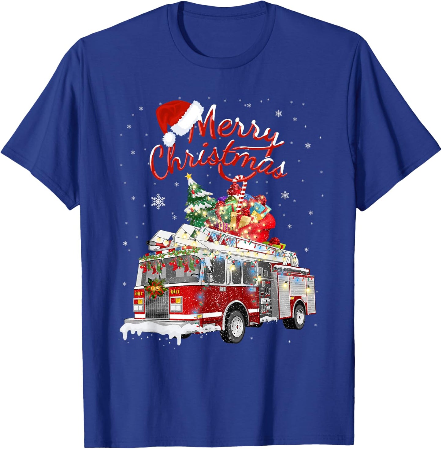 Firetruck Santa Sleigh Fireman Christmas Firefighter Xmas T-Shirt - T-Shirt | Royal