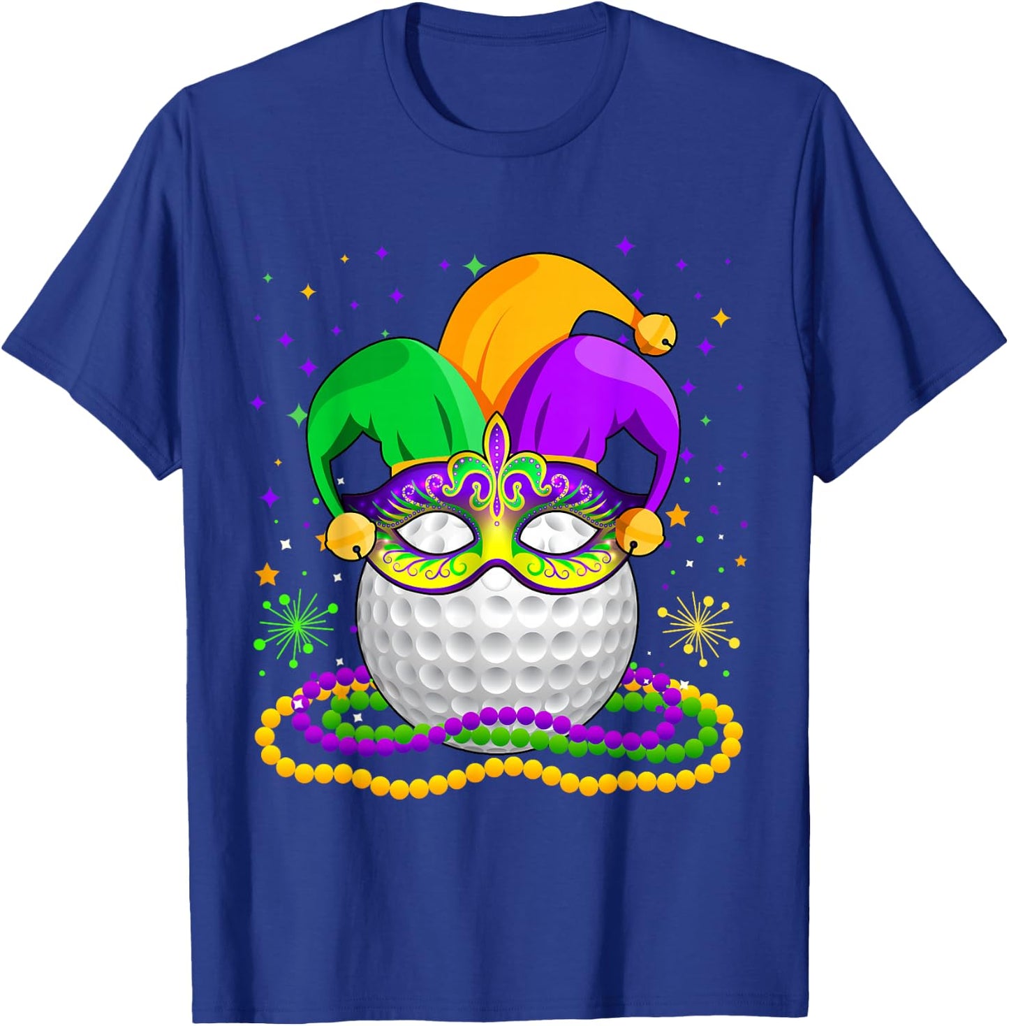 Golf Wearing Jester Hat Masked Beads Mardi Gras Player T-Shirt - T-Shirt | Royal