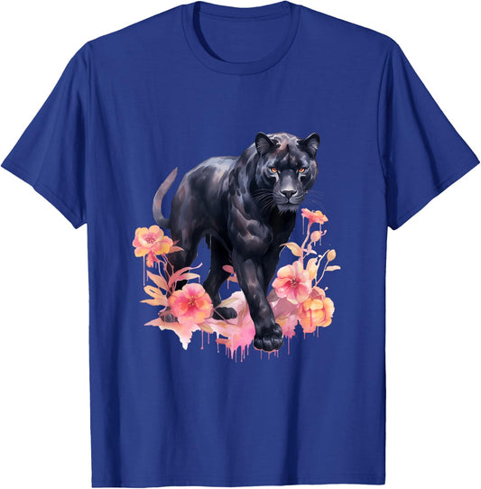 Black Panther Cat Pastel Flowers Safari Watercolor Men Women Kids T-Shirt - T-Shirt | Royal