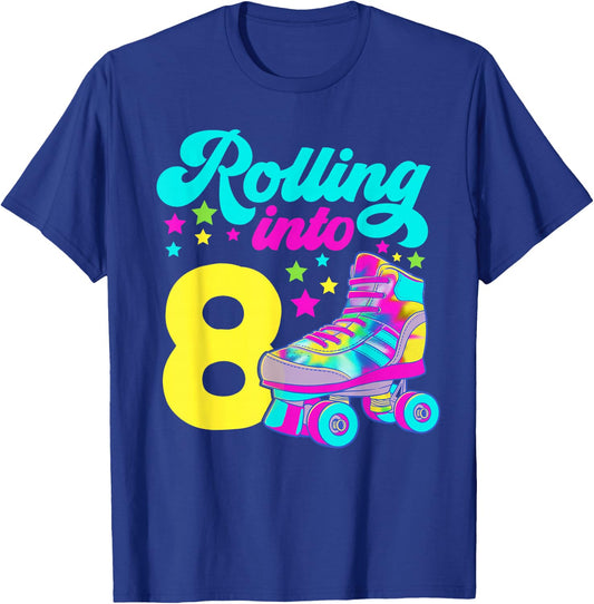 Rolling into 8 Girls 8th Birthday Roller Skates T-Shirt - T-Shirt | Royal