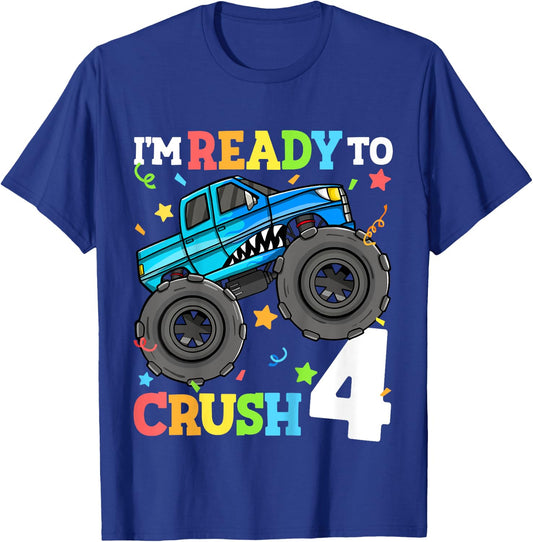 Kids Monster Truck Shark 4th Birthday Boy Toddler 4 Four Year Old T-Shirt - T-Shirt | Royal