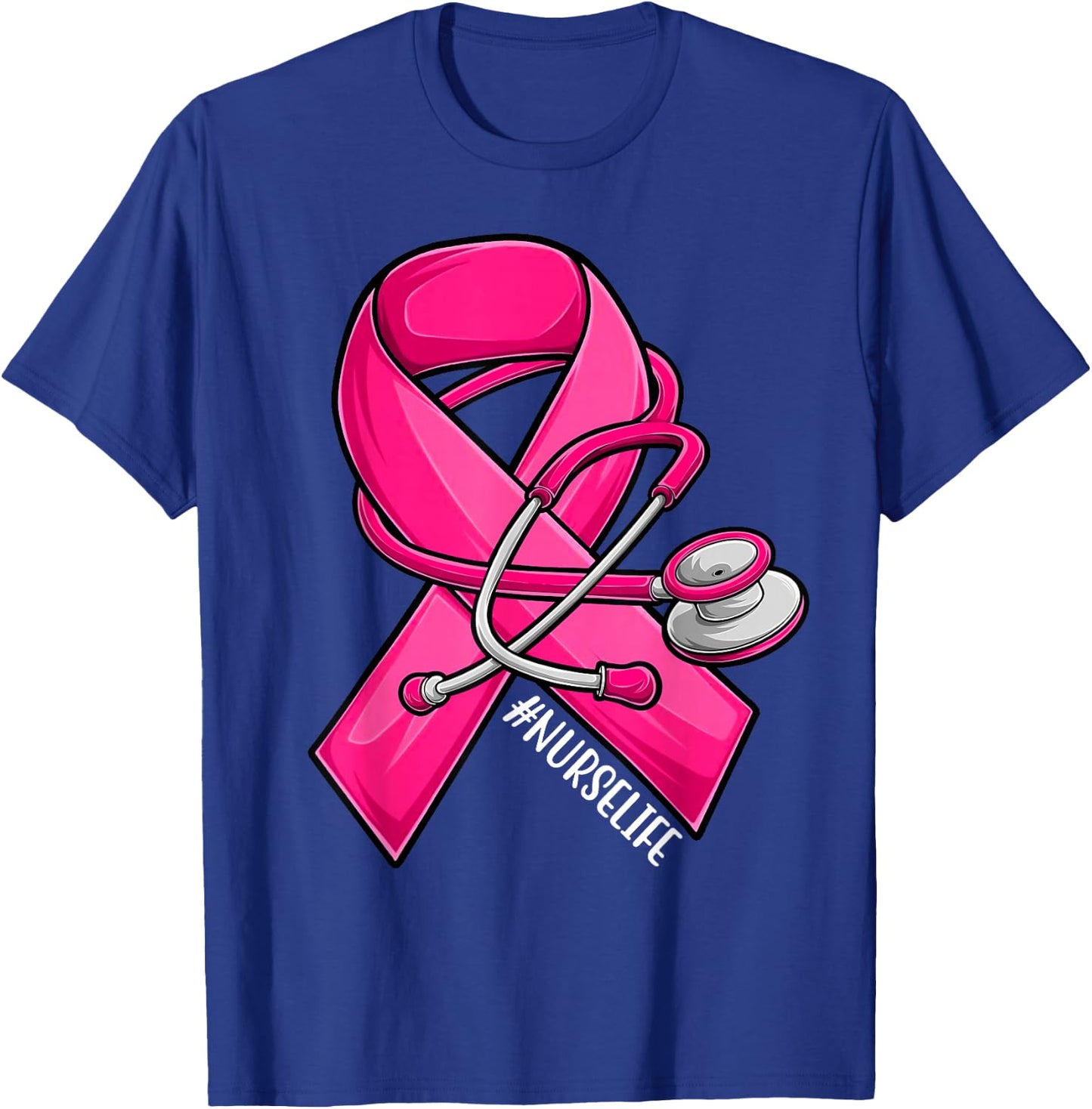 Pink Ribbon Stethoscope Nurse Life Breast Cancer Awareness T-Shirt - T-Shirt | Royal