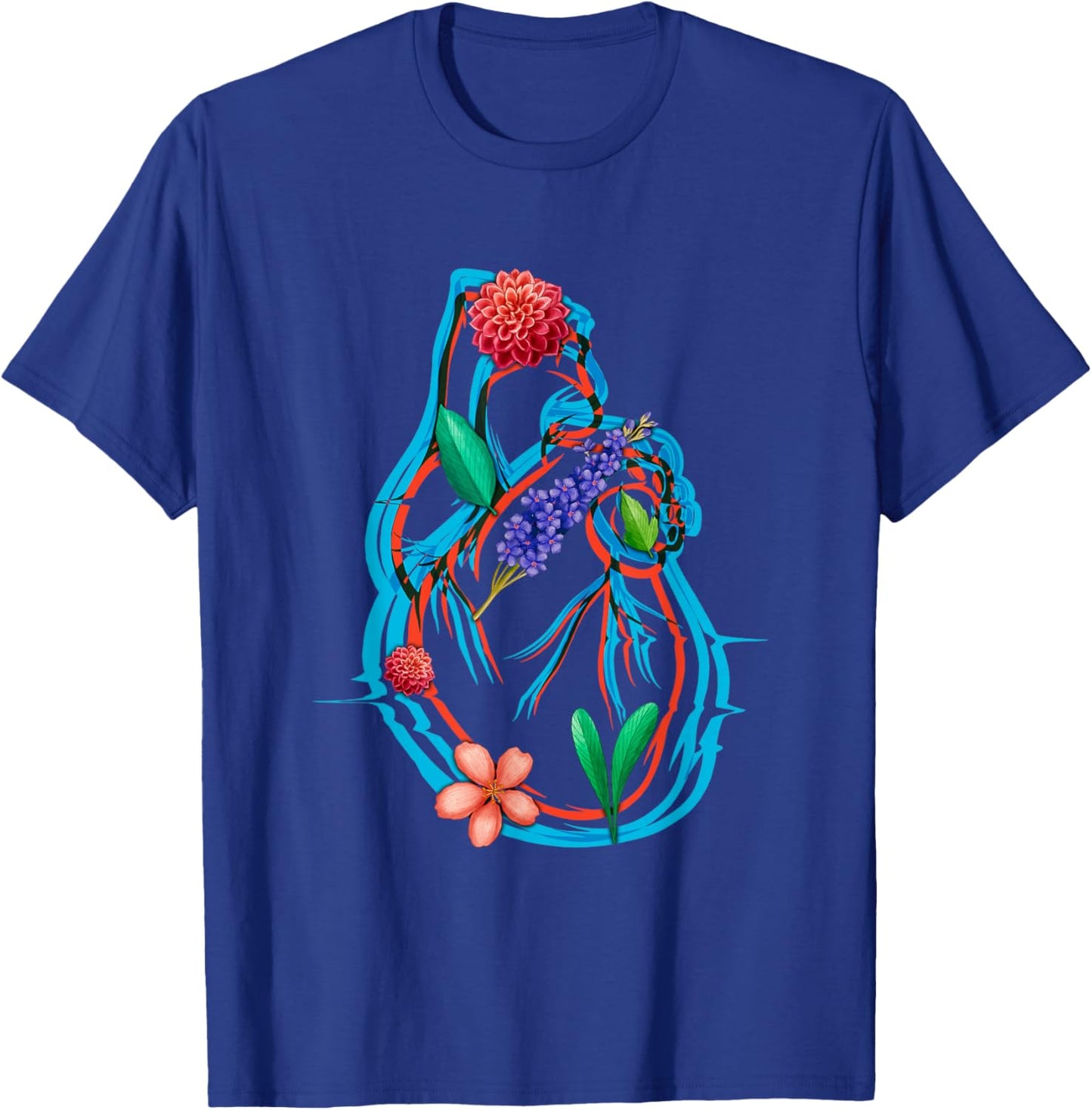Anatomical Heart And Flowers Funny Men Women Cardiologist T-Shirt - T-Shirt | Royal