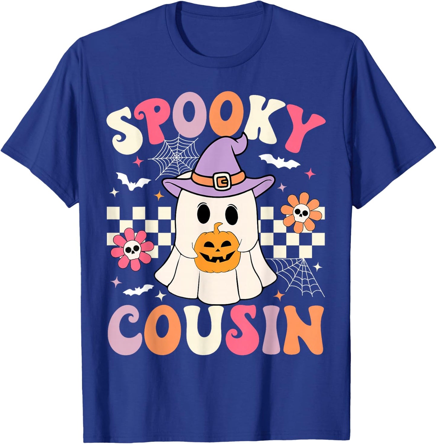 Groovy Spooky Cousin Retro Ghost Holding Pumpkin Halloween T-Shirt - T-Shirt | Royal