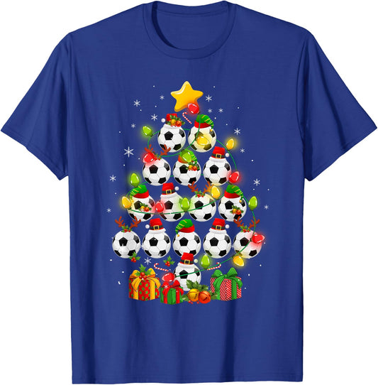 Soccer Balls Santa Elf Hat Christmas Tree Lights Ornaments T-Shirt - T-Shirt | Royal