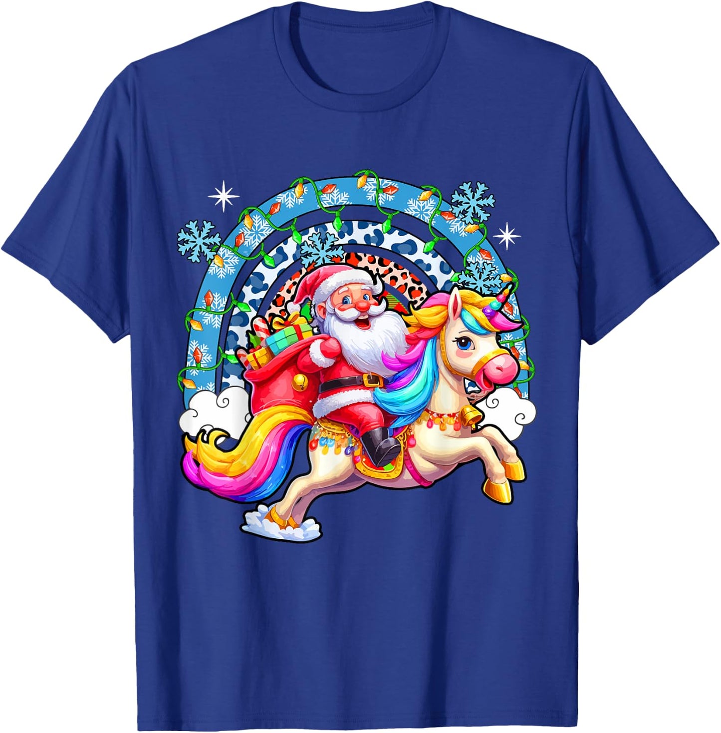 Santa Riding Colourful Unicorn Christmas Rainbow Xmas Lights T-Shirt - T-Shirt | Royal